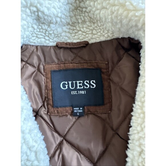 Men’s GUESS Brown Faux Fur Corduroy Snap-Button Bomber Jacket Size S - Picture 2 of 9